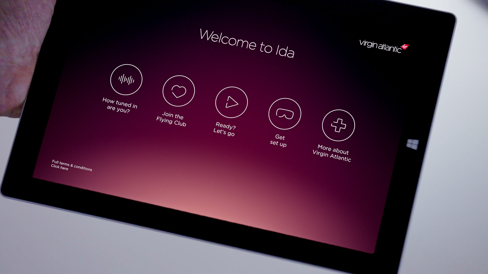 Virgin Atlantic’s Windows 10 Ida app, home screen pictured, allows the viewer to go on an interactive digital adventure and experience what it’s like to be in upper class on an actual flight.