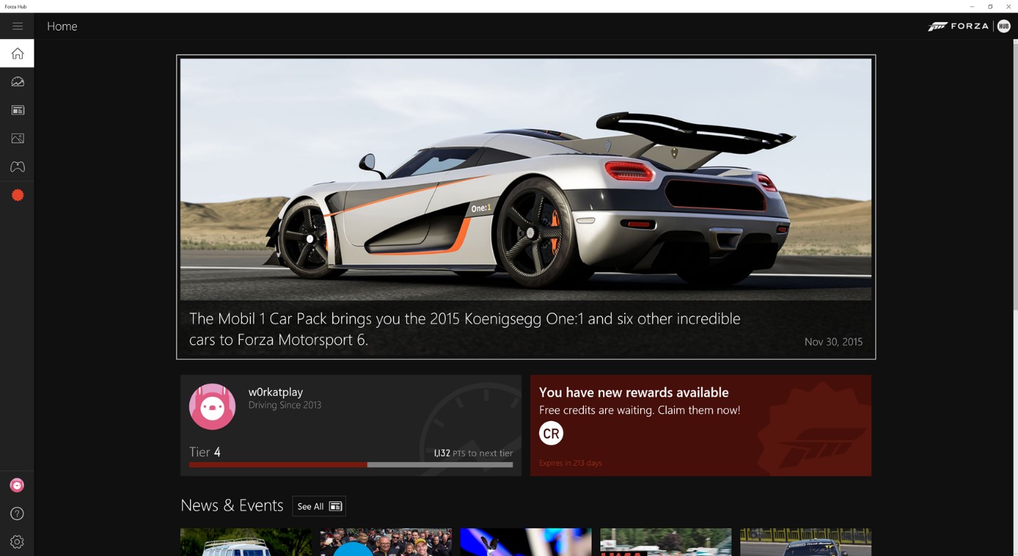 Forza Hub for Windows 10 Welcome screen