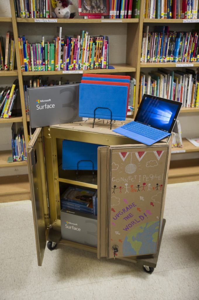 Microsoft and Kid President donate a ‘Cart of Awesome’ loaded with Surface 3s on Windows 10 to the Jackson, Tennessee, Lincoln Magnet School for Mathematics & Science on December 16, 2015 as part of Microsoft’s ‘Upgrade Your World’ campaign.
