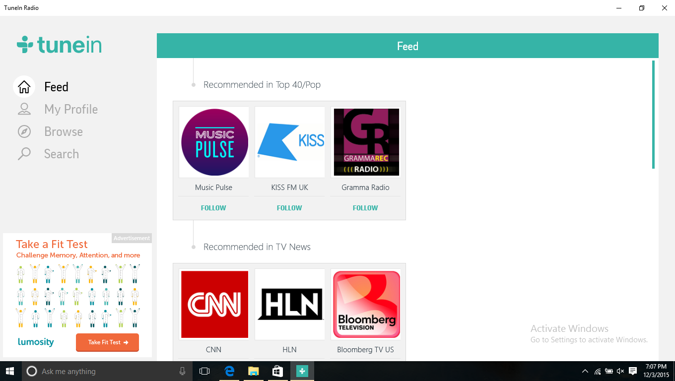 TuneIn Radio for Windows 10 Feed Screen