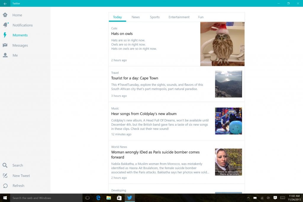 The front page of the "Today" tab within Moments in Twitter for Windows 10