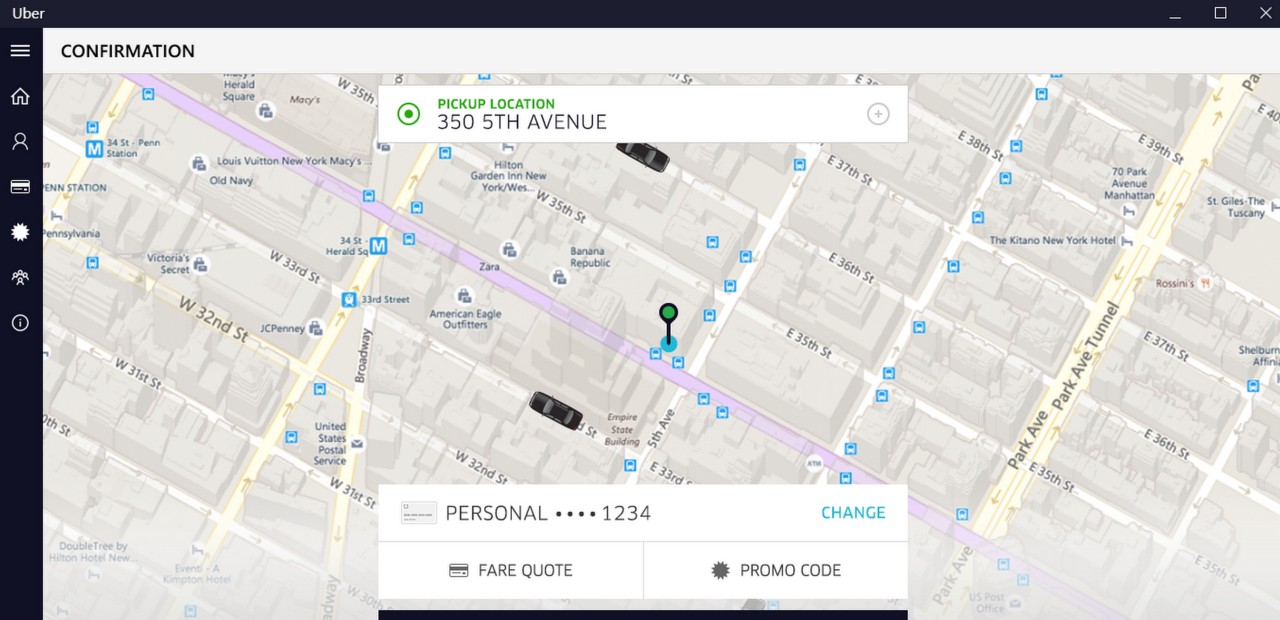 Set your pickup location and request your ride in Uber for Windows 10