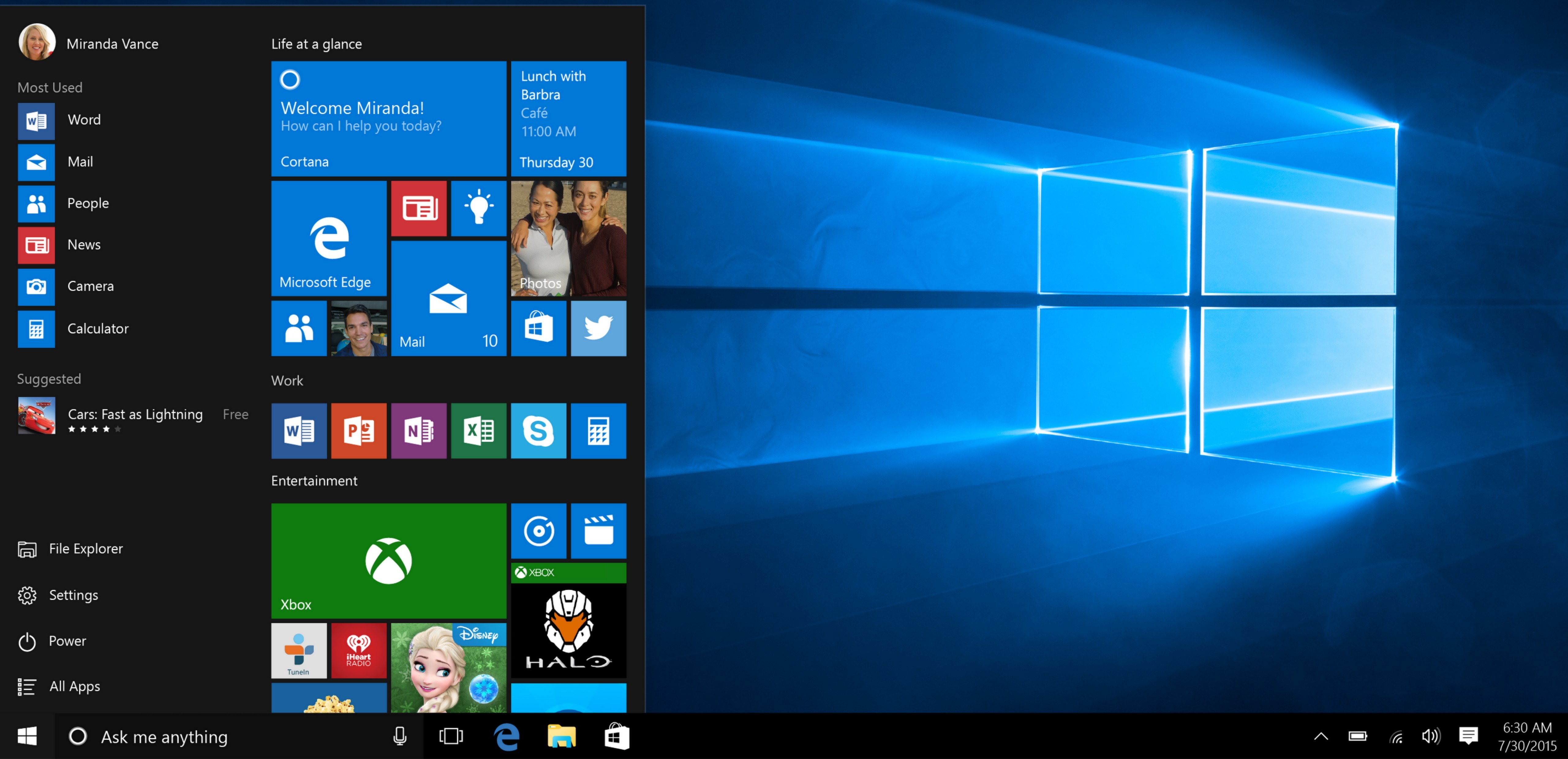 The Start menu in Windows 10