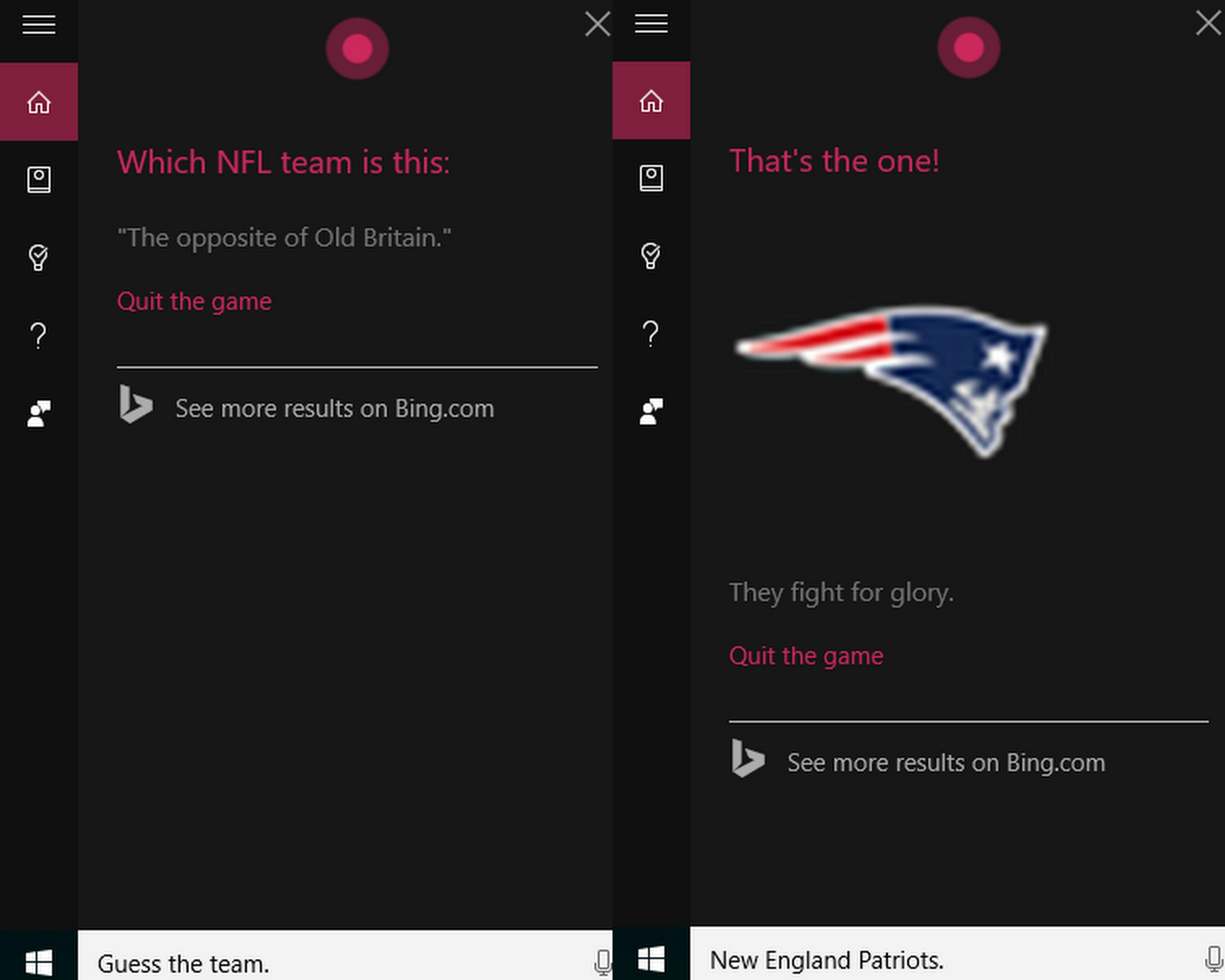 Cortana NFL trivia on Windows 10