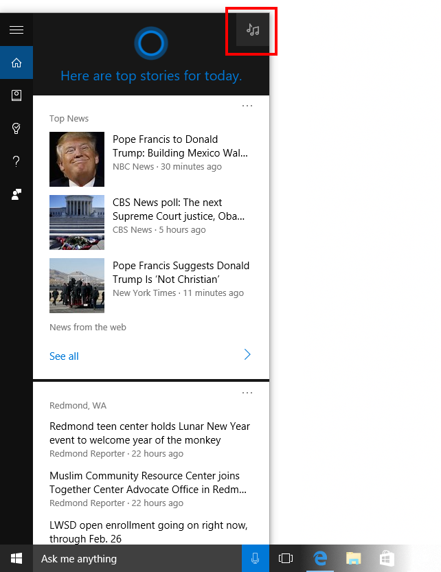 Music search button (top-right) in Cortana