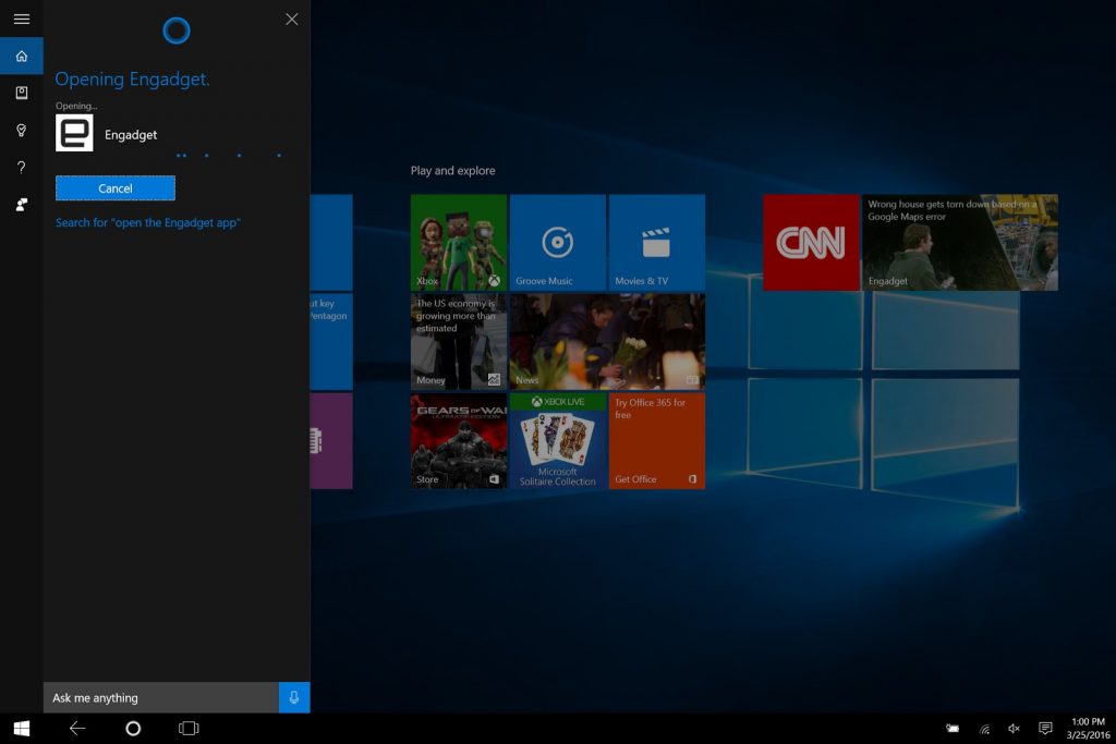Cortana opening the Engadget app for Windows 10