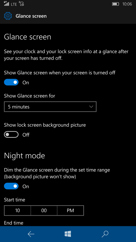 Glance screen settings page