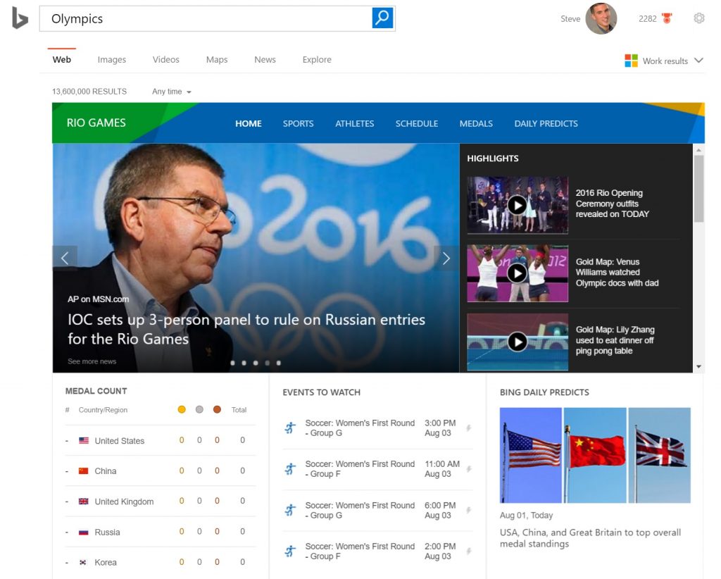 Bing homepage for the Summer Games