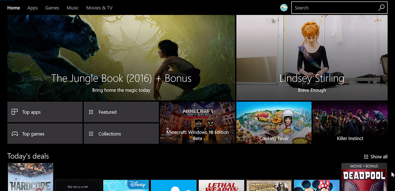 Homepage of the Windows Store