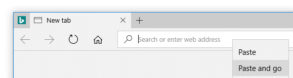 Screen capture showing "Paste and Go" in the Microsoft Edge context menu