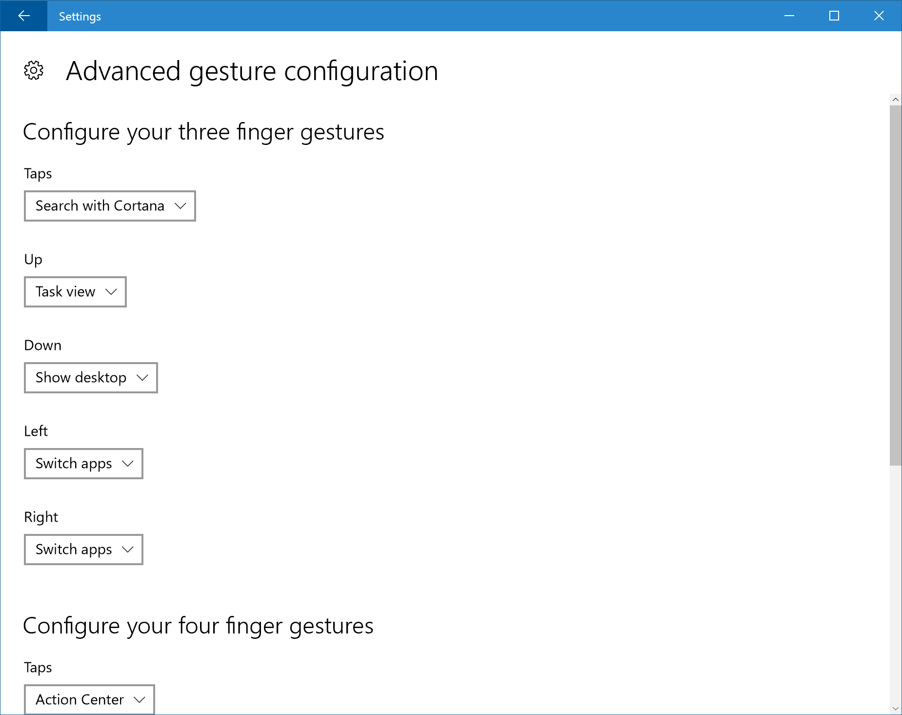 Advanced Gesture Configuration settings page