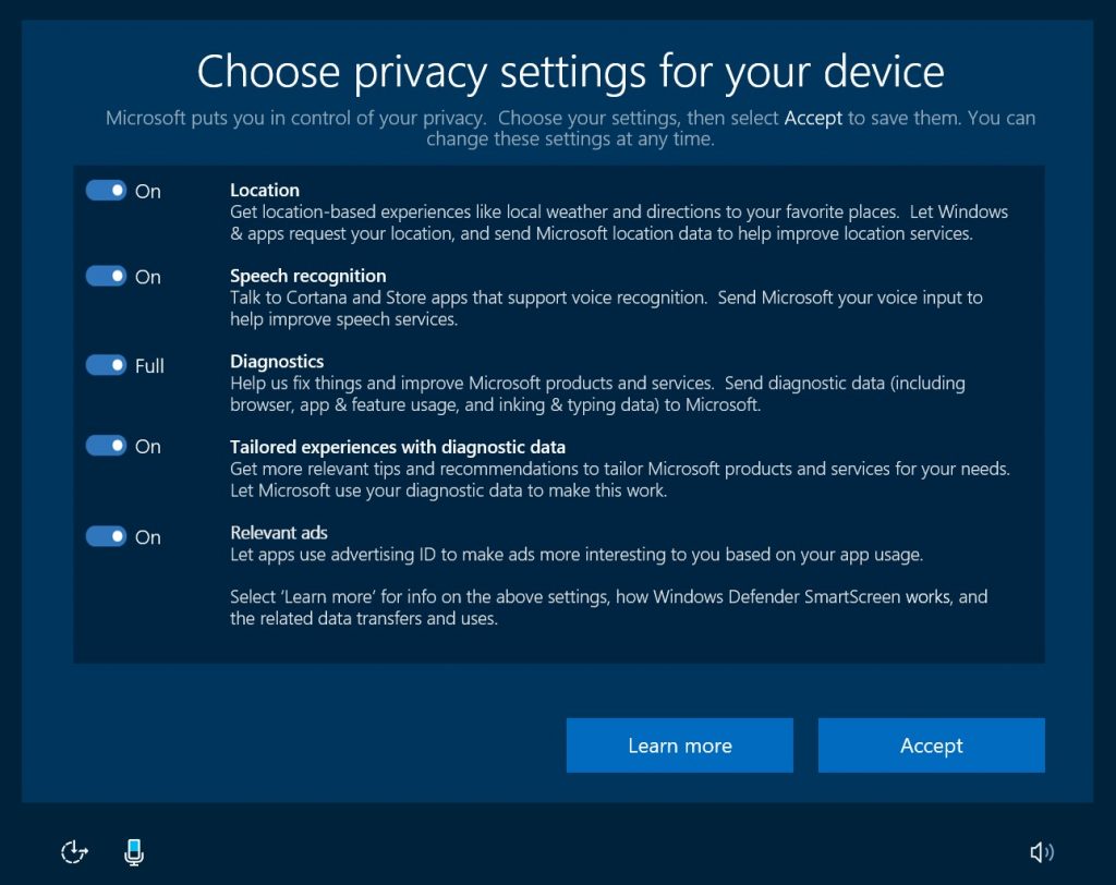 a look at the new privacy settings set up experience we will be introducing to Windows Insiders in an upcoming build. We have made this new set up experience voice-capable providing greater accessibility for customers. Voice data remains on the device as part of this set up process.