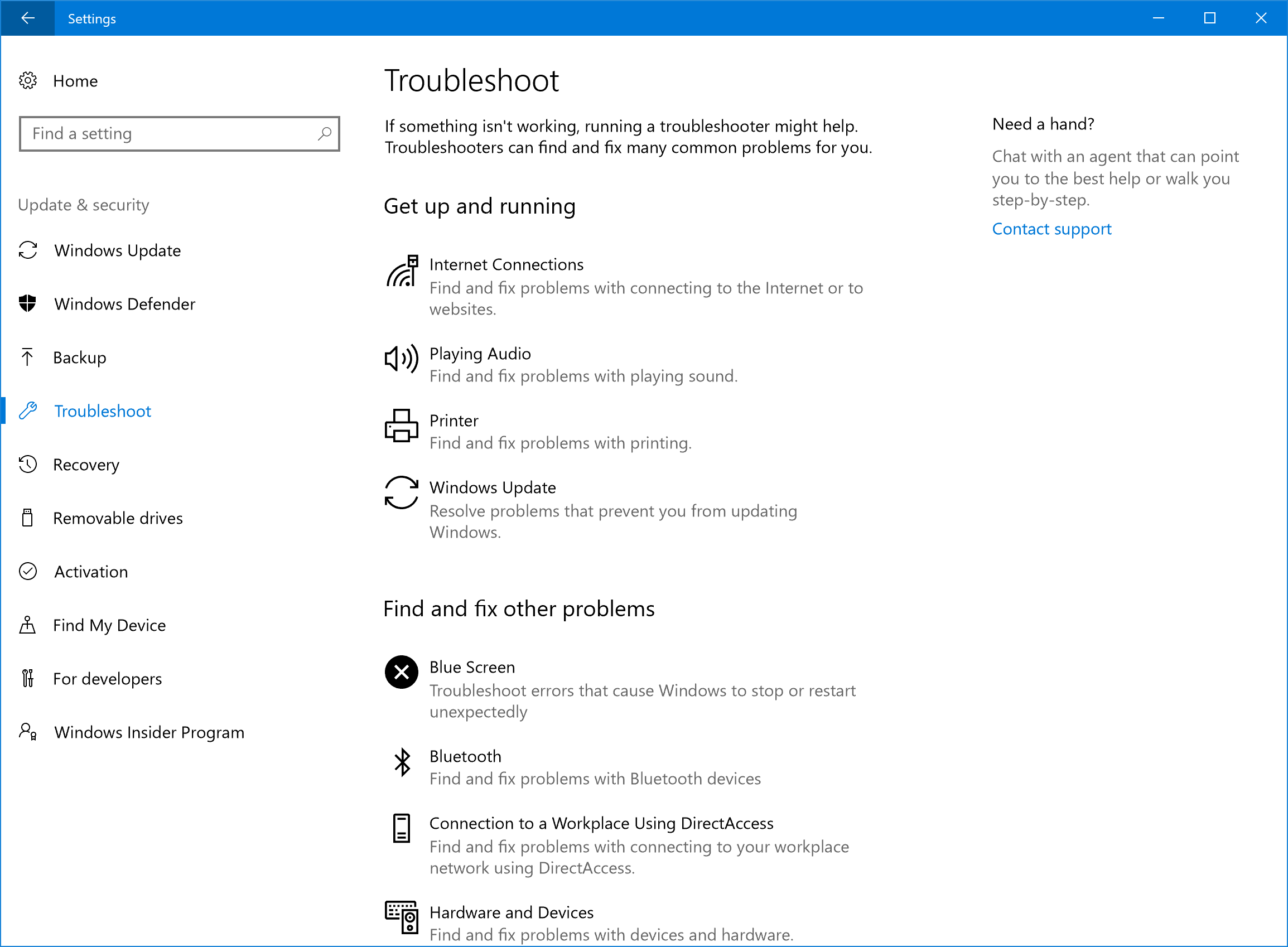 Troubleshoot settings page.