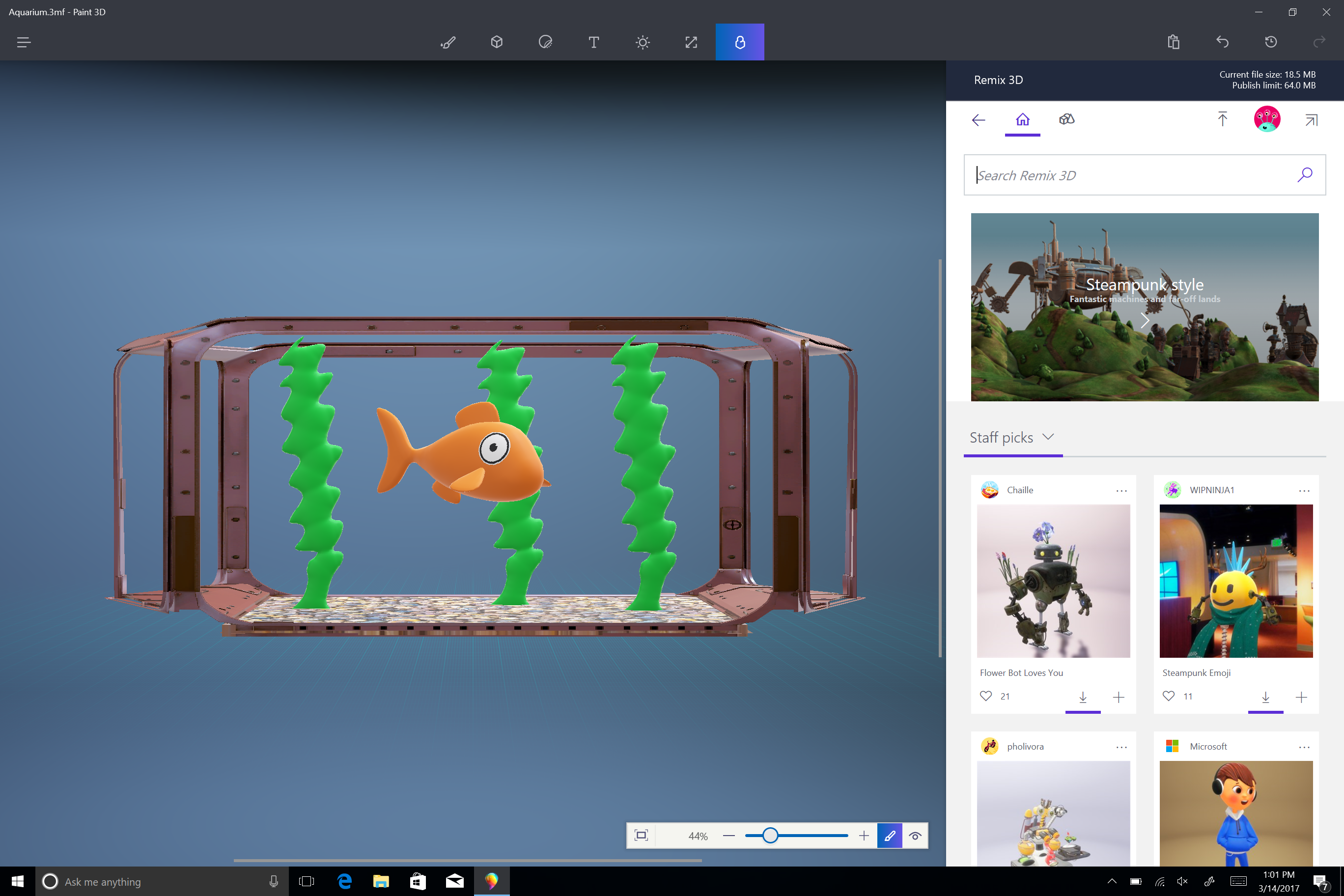 3D goldfish inside a fish bowl as created in the new Paint 3D app in Windows 10 as part of the Windows 10 Creators Update 
