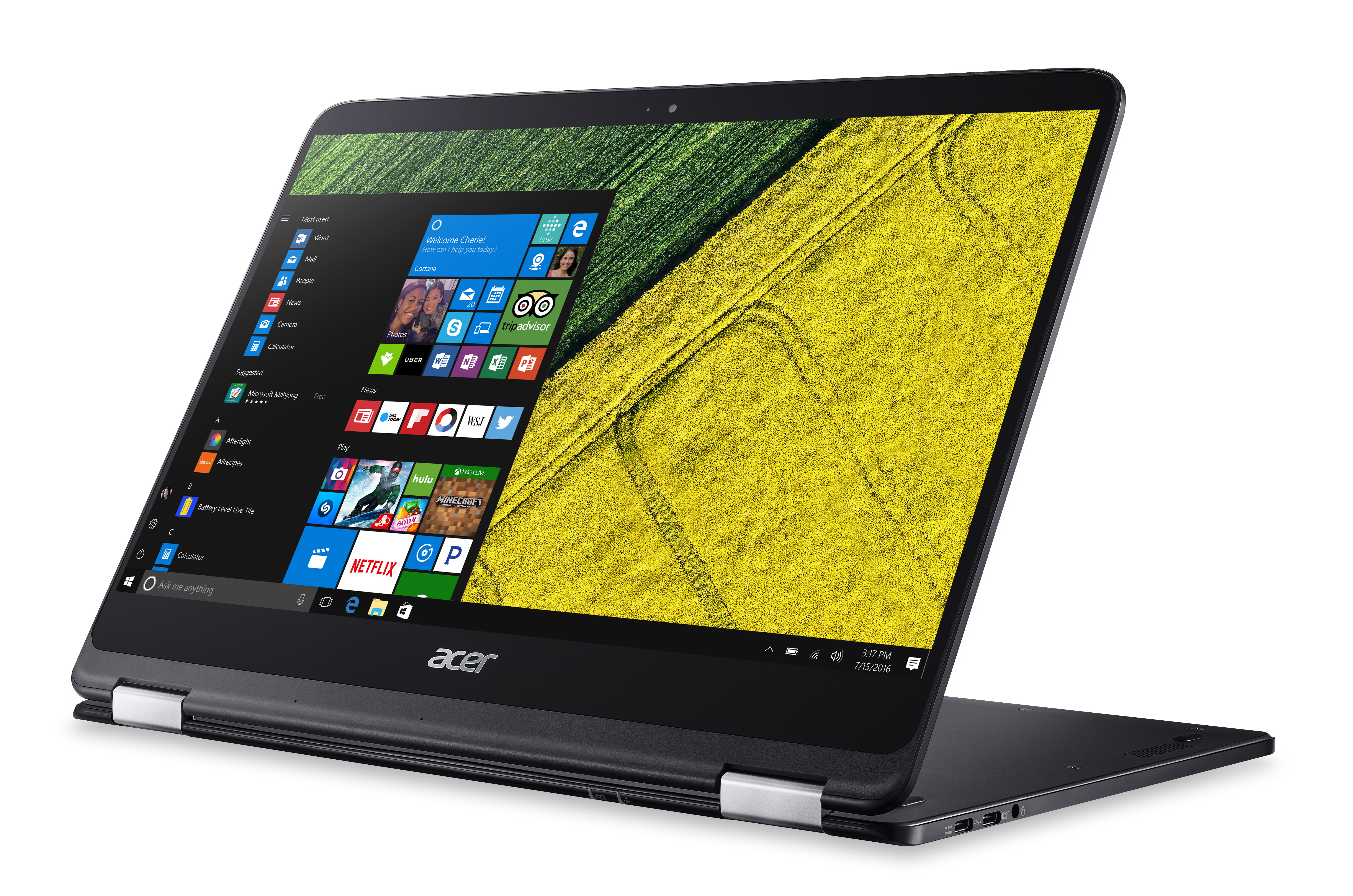 Acer Spin 7 powered by Windows 10 featuring the Start menu open