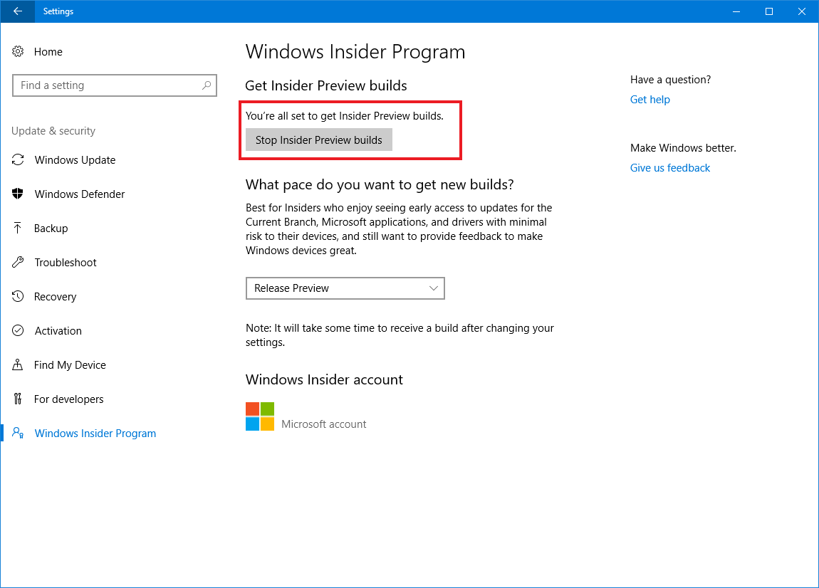 Windows Insider Settings page