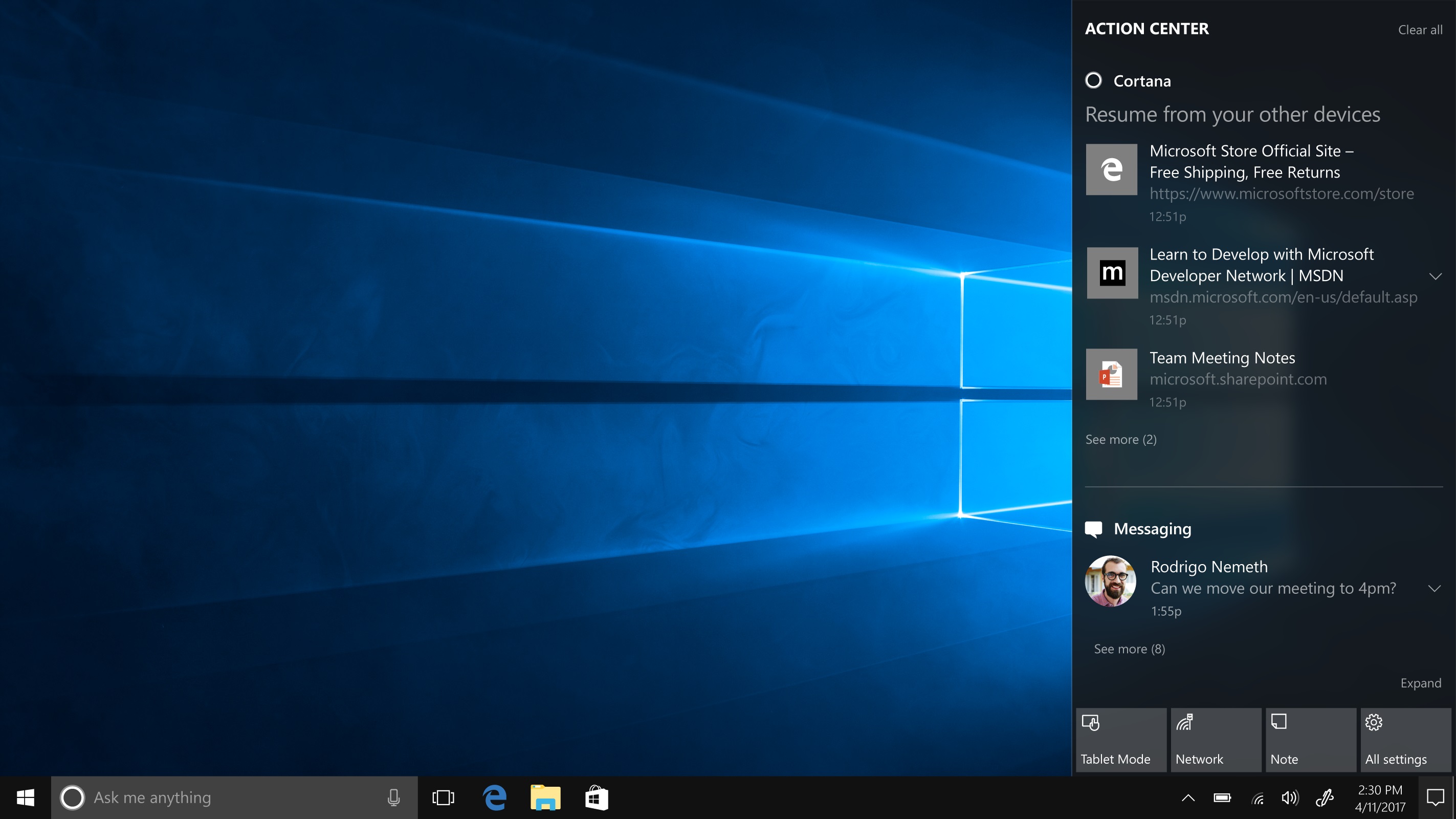 Cortana can help you pick up where you left off: When you switch computers, Cortana will display quick links in the Action Center to help you easily get back into Microsoft Edge websites and SharePoint (or other cloud-based) documents you used most recently. 