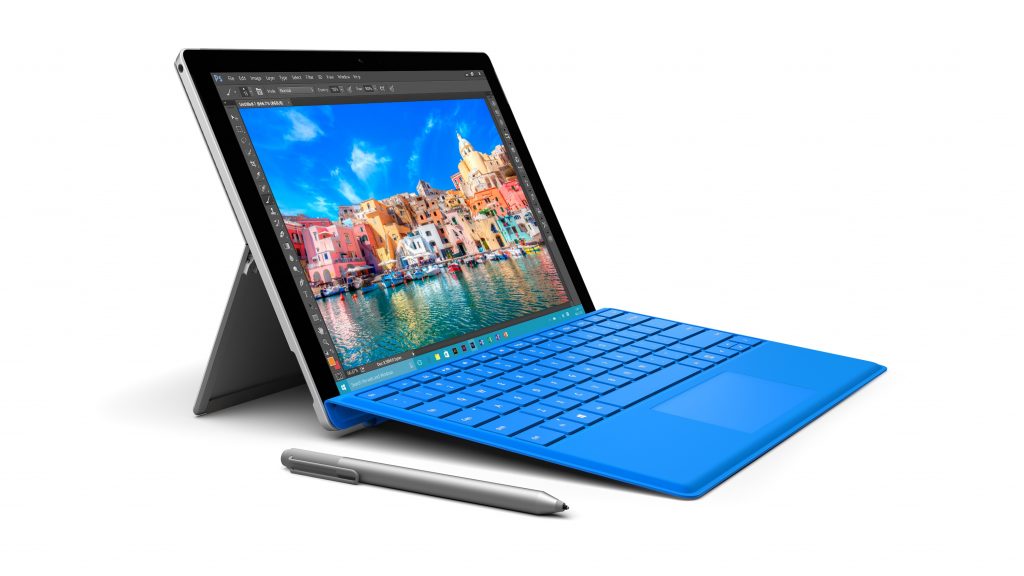 Microsoft Surface Pro 4 shown with blue Type Cover and Surface Pen.