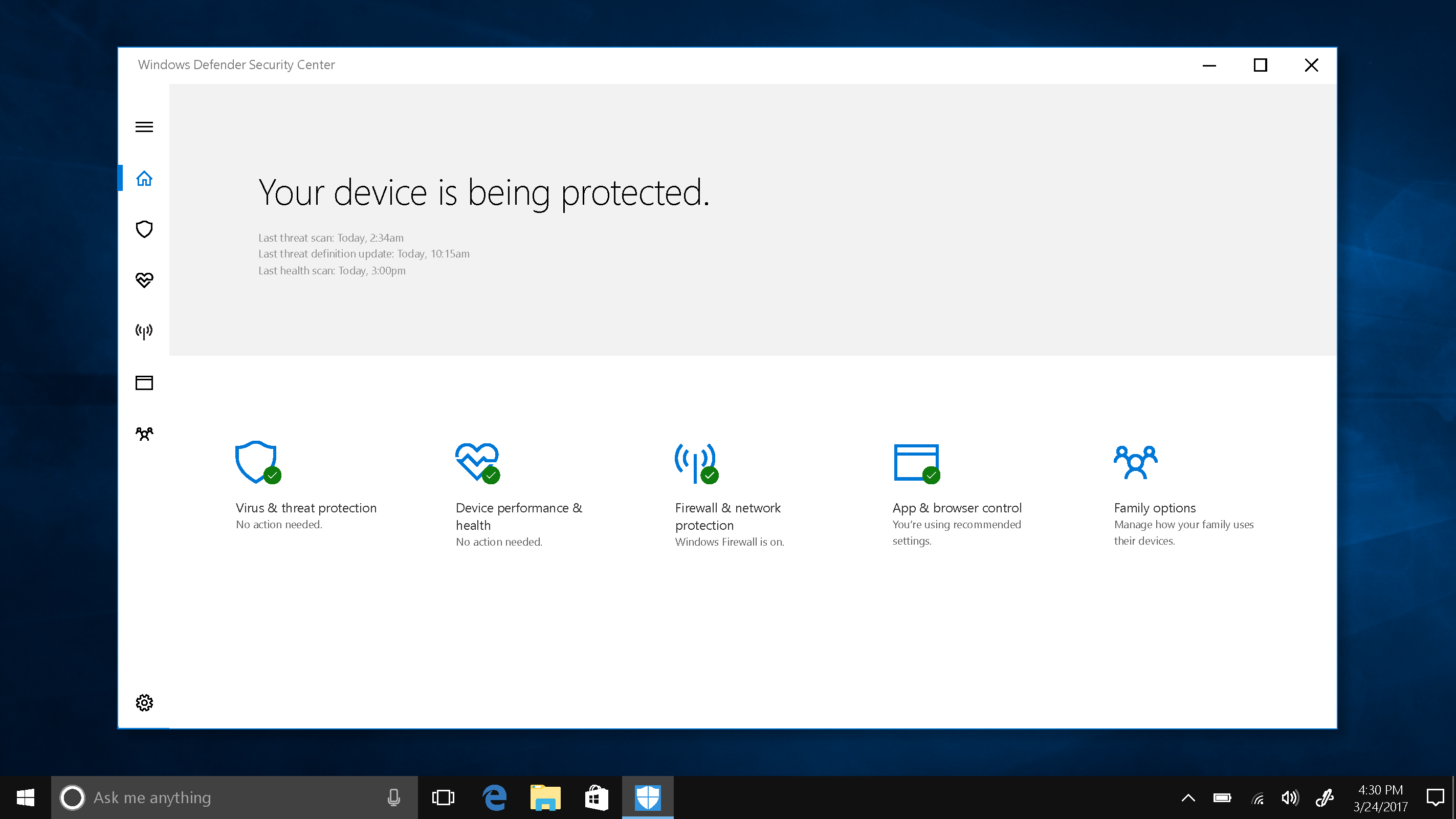The new Windows Defender Security Center dashboard coming with the Windows 10 Creators Update gives you visibility of your device security, health, and online safety.