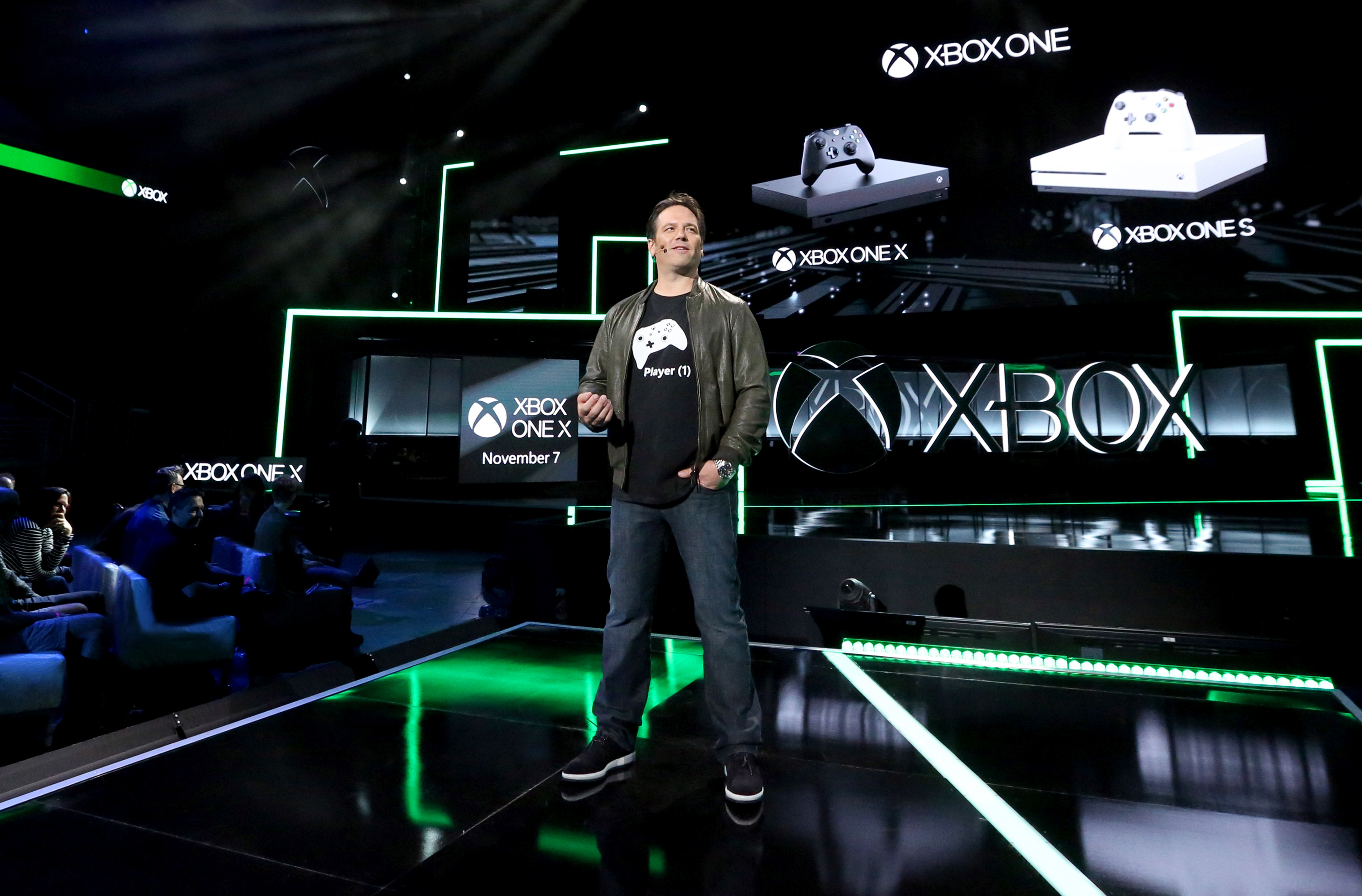 Phil Spencer, Head of Xbox, discusses the Xbox One family of devices, including Xbox One X, at the Xbox E3 2017 Briefing on Sunday, June 11, 2017 in Los Angeles.