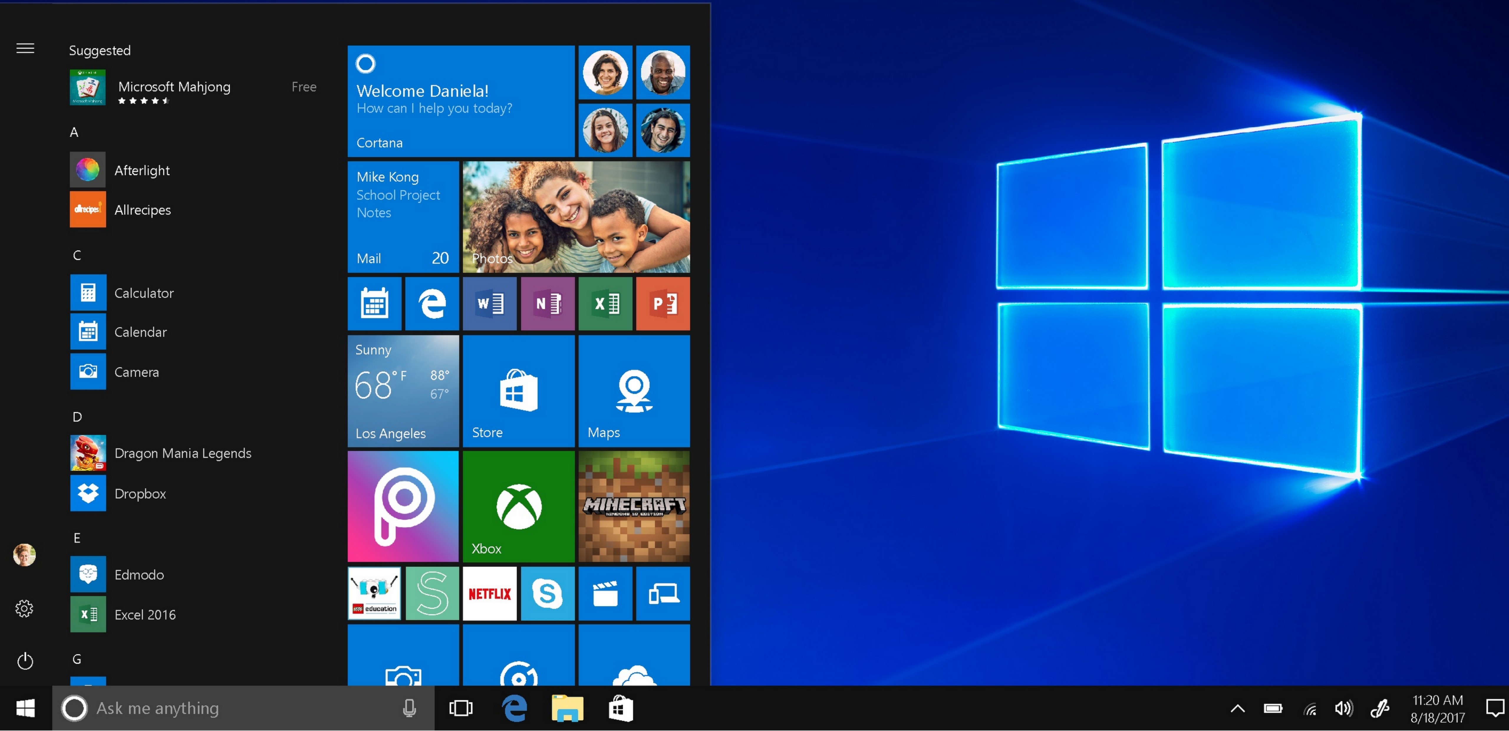 Windows 10 S Start menu show in English.