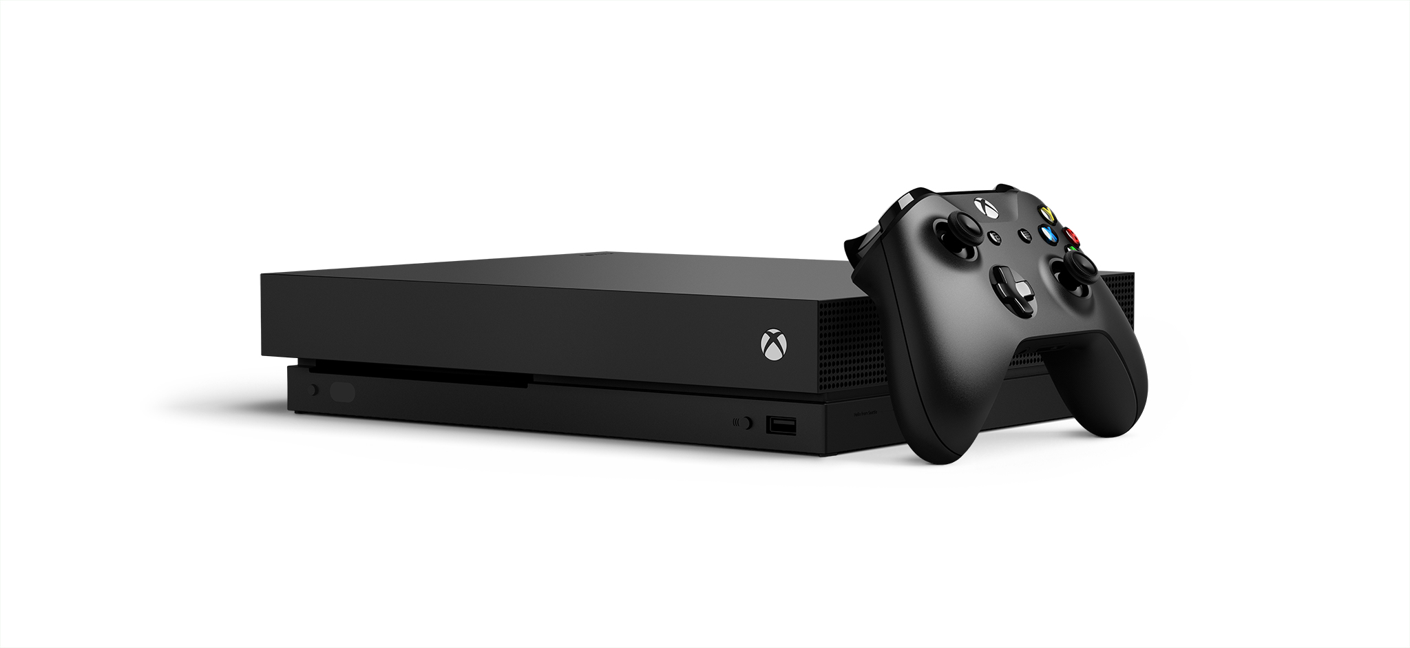Xbox One X with Controller Tilted White Background