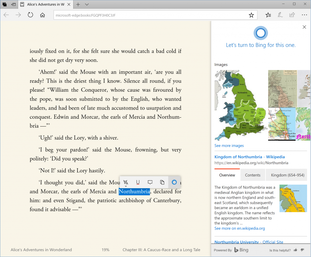 Now, when you select your text, you can Copy and Ask Cortana in addition to adding notes, highlighting and underlining. 