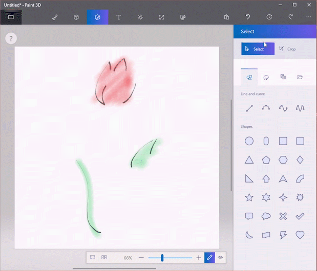 Line and Curve Tools in Paint 3D creating a pink rose