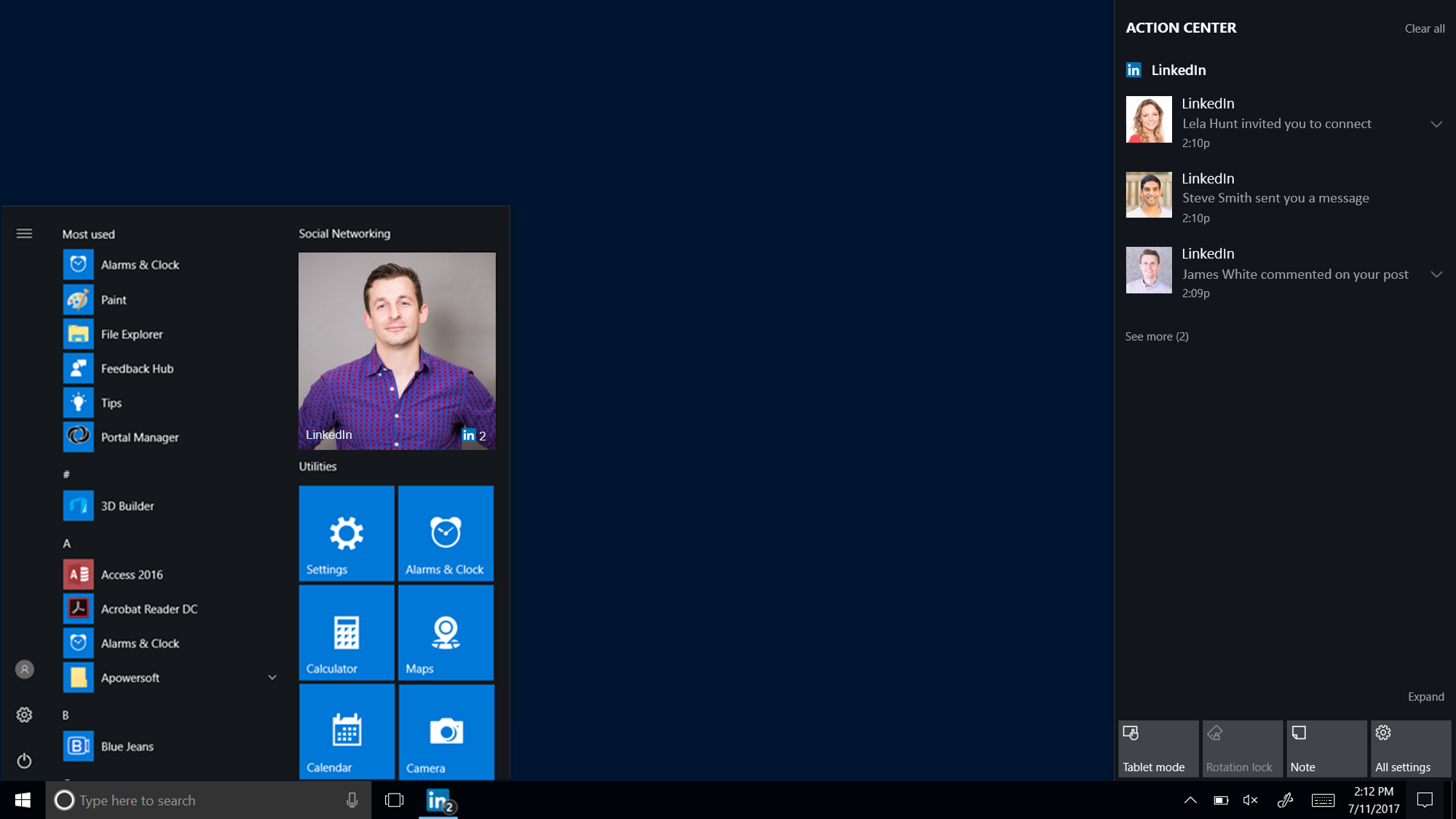 LinkedIn app for Windows 10 shown pinned to the Start menu.
