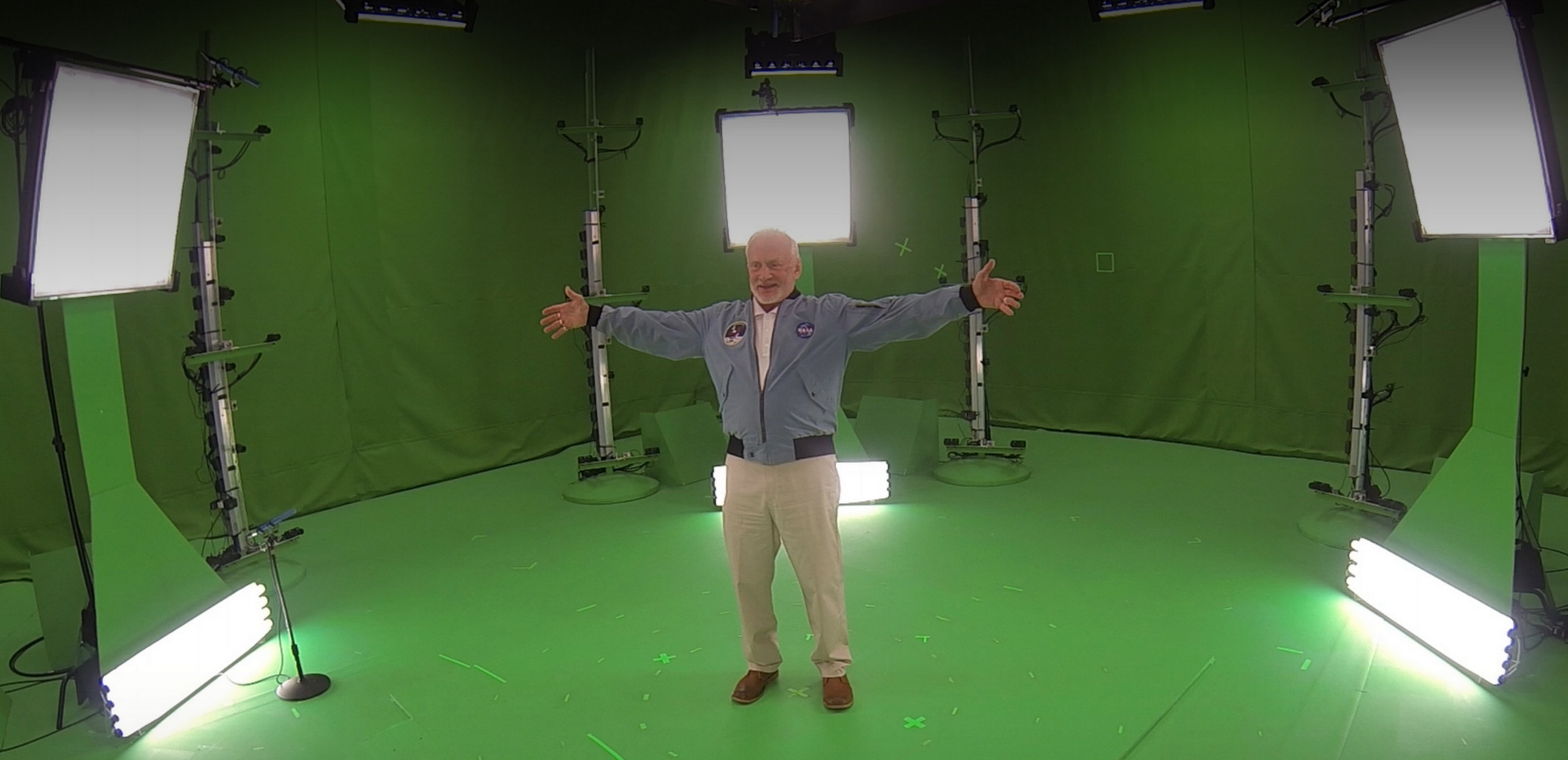Buzz Aldrin standing in the Mixed Reality Capture Studio.