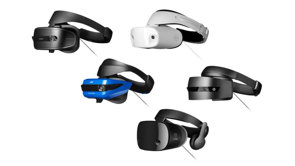 Collage of Windows Mixed Reality headsets including, HP, Dell, Lenovo, Acer and Samsung