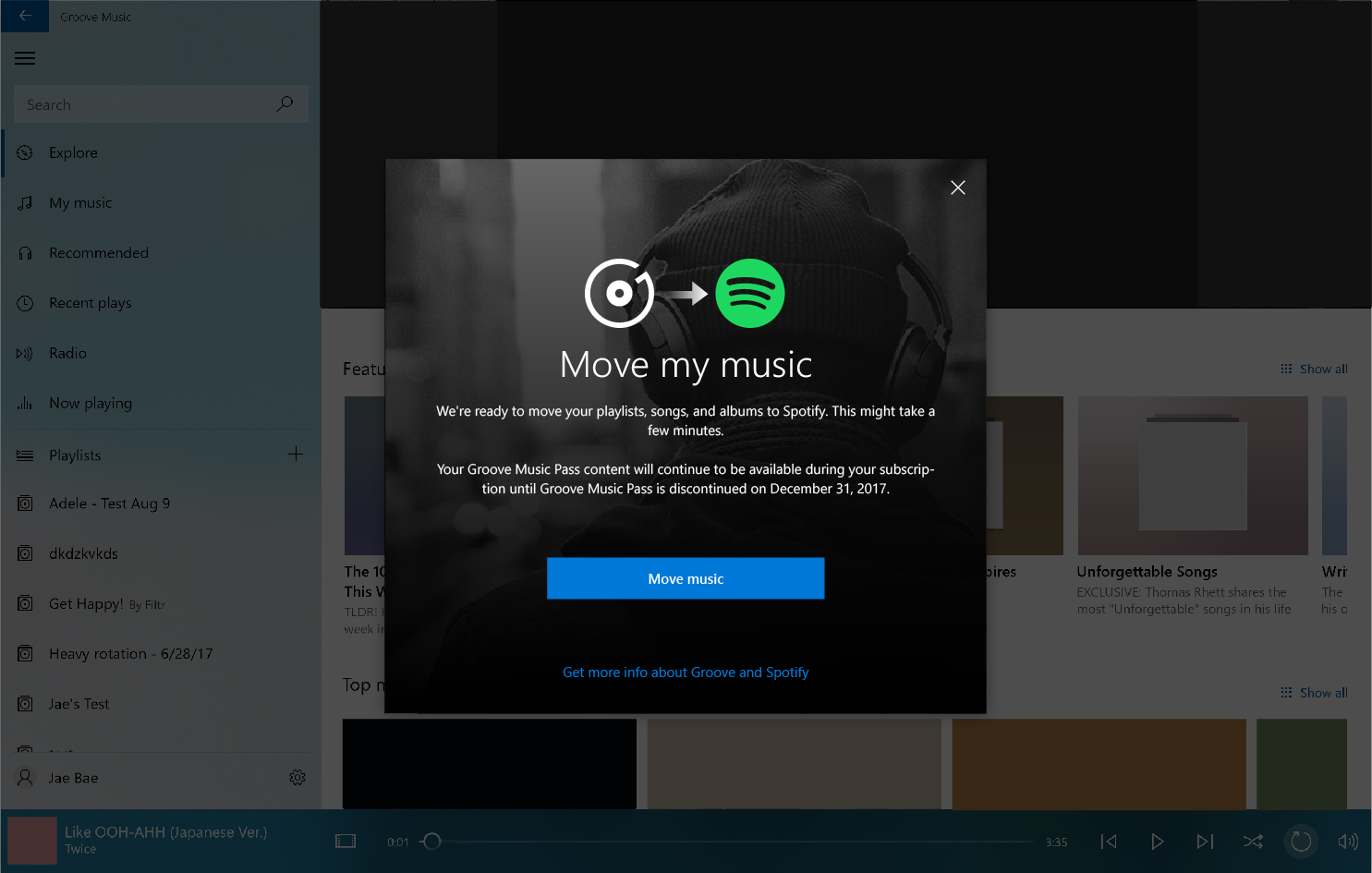 Prompt to move music from Groove to Spotify
