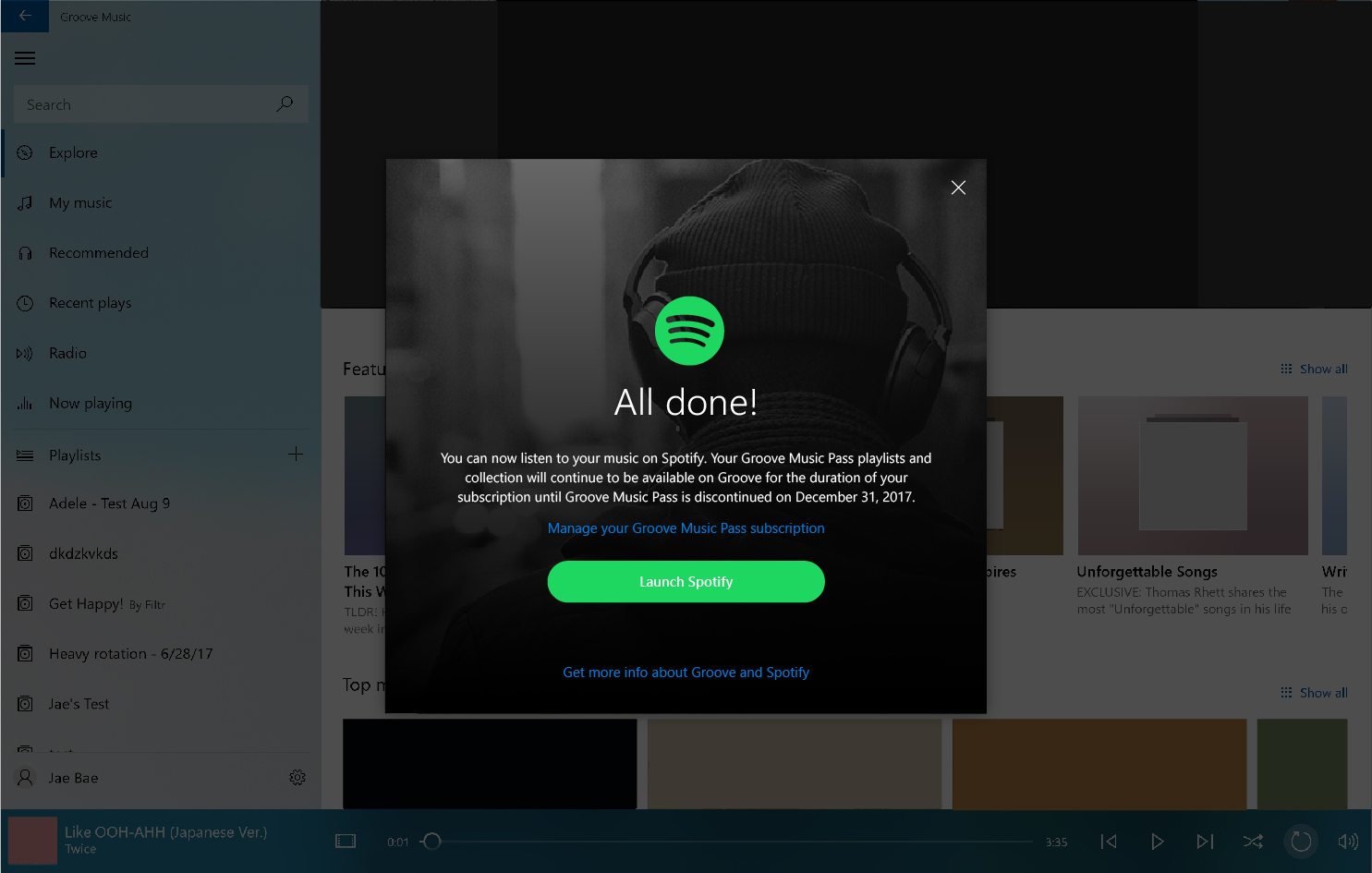 Confirmation of music being moved to Spotify from Groove.