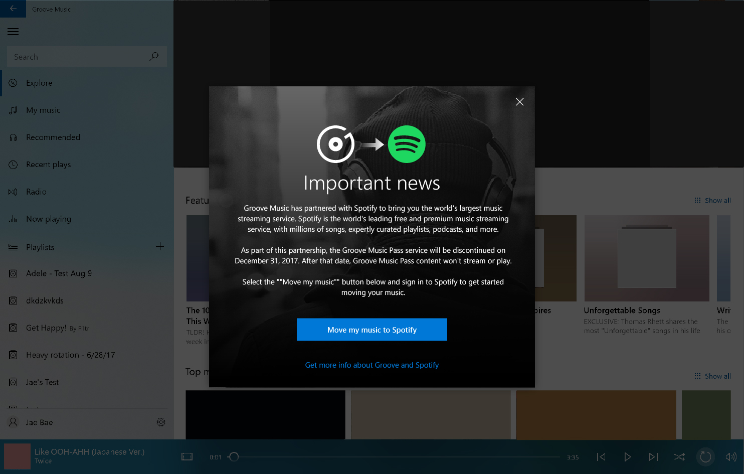 Groove notification prompting users to transition their music to Spotify