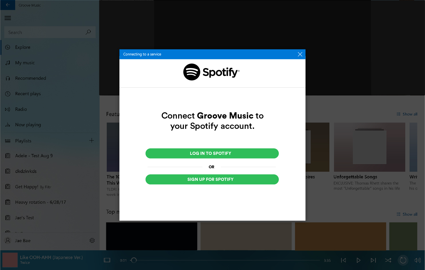 Prompt asking users to connect Groove Music to their Spotify account by signing into Spotify or creating a new Spotify account.