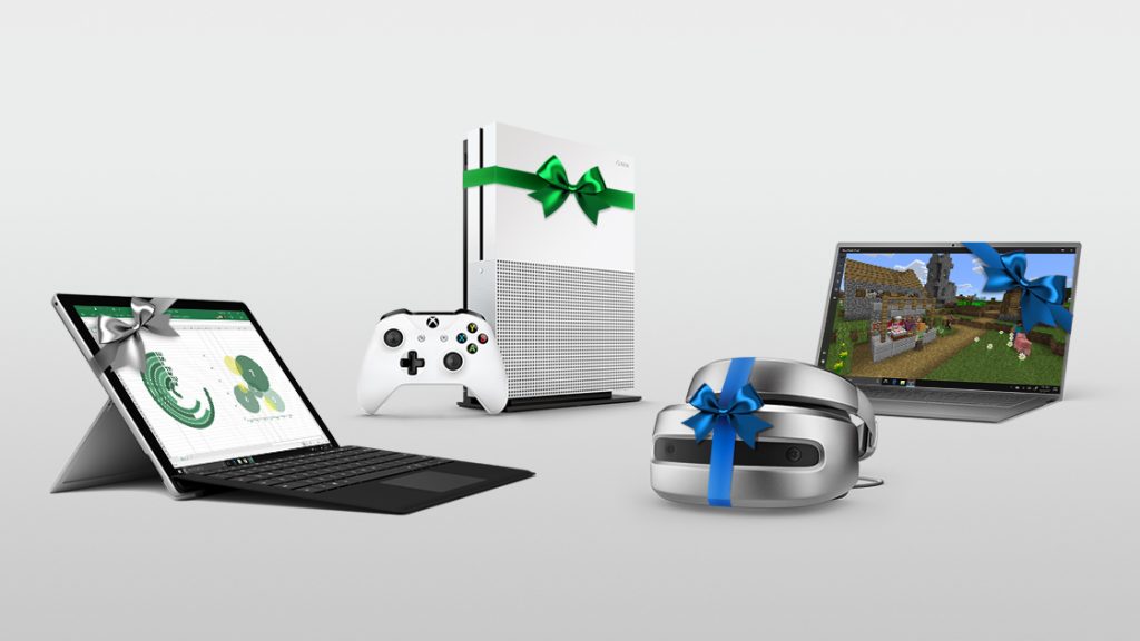Surface Pro, Xbox One S, a Windows Mixed Reality Headset and a Windows 10 PC pictured together