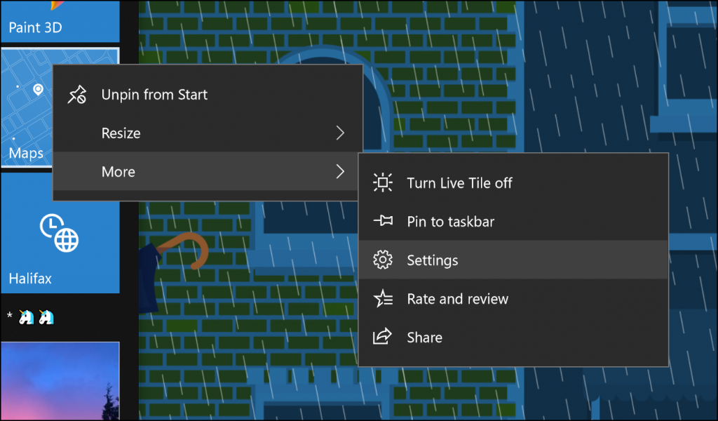 If you right-click a UWP app or UWP app tile in Start with this build you’ll find a new Settings option under More which will take you straight there, where you can repair, manage app add-ons, and see startup tasks (if available). 