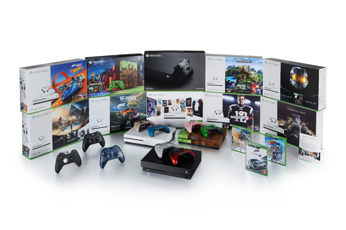 Xbox One S console bundles in a group shot.