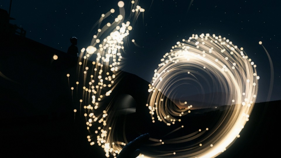 Using motion controllers, audiences can swirl and play with the embers, freeing them into the night sky.