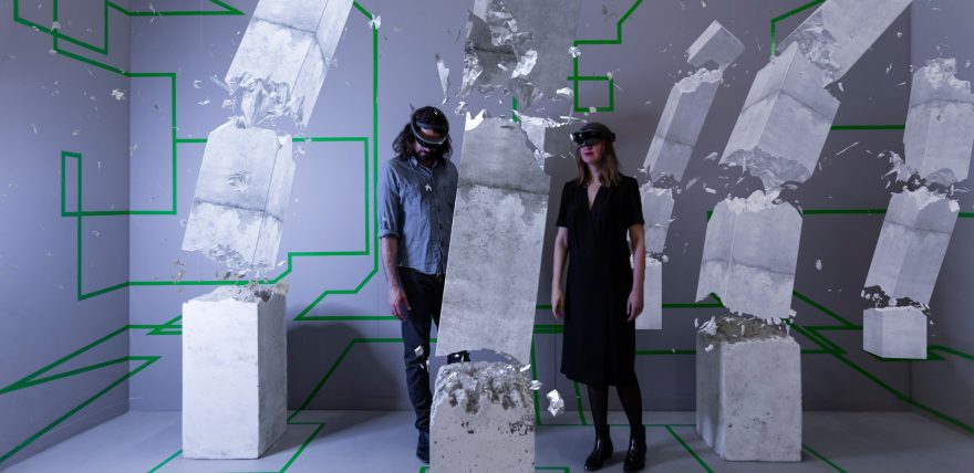 Studio Drift founders Lonneke Gordijn and Ralph Nauta view their original HoloLens work, Concrete Drift