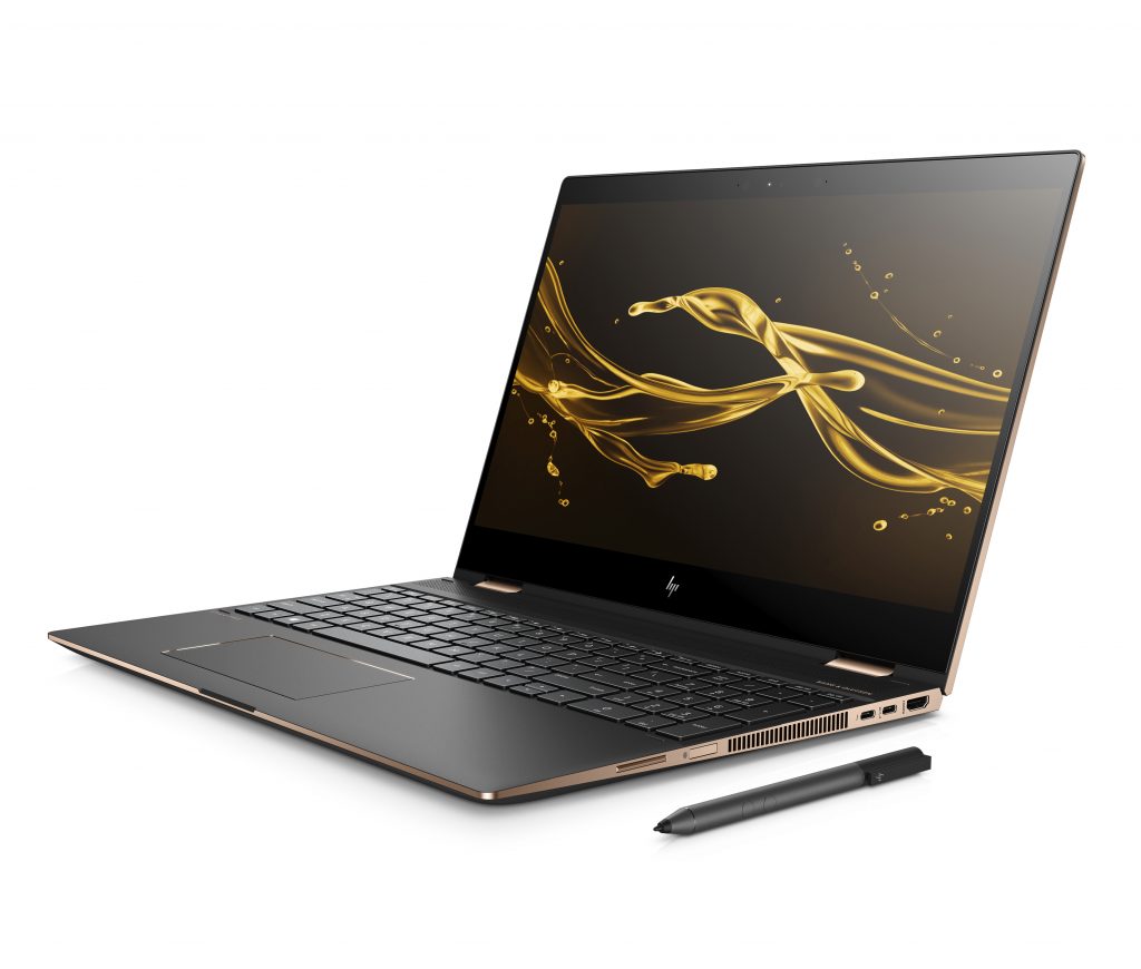 HP Spectre x360 15 angle view laptop mode with pen