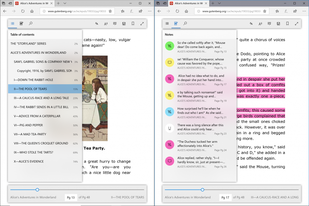 Screen capture showing the Notes and Table of Contents views open over a Book in Microsoft Edge. 