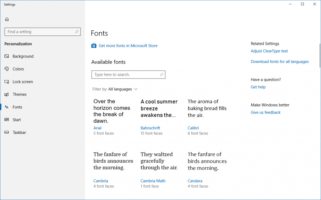 Fonts page in Settings showing a preview of each font family.