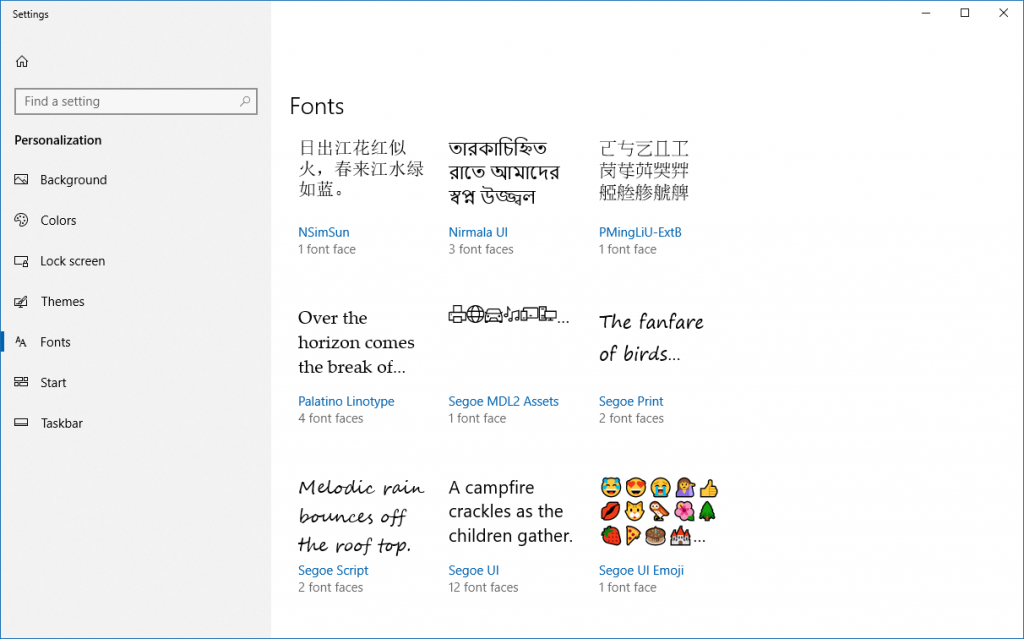 Font previews reflect the primary languages a font is designed for, as well as multi-color fonts.