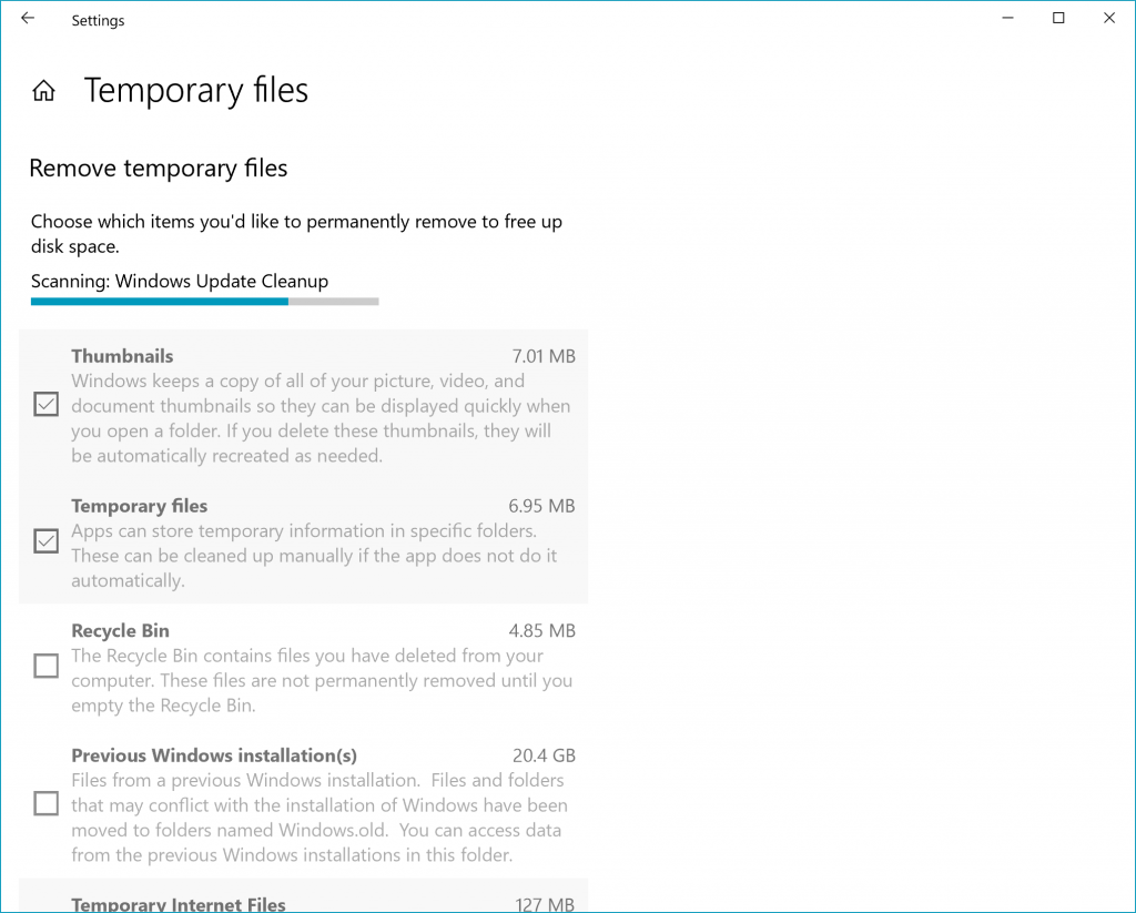 Temporary files section in Settings – scanning for temp files, shows Thumbnails, Temporary files, Recycle Bin and more things that can be cleaned up.