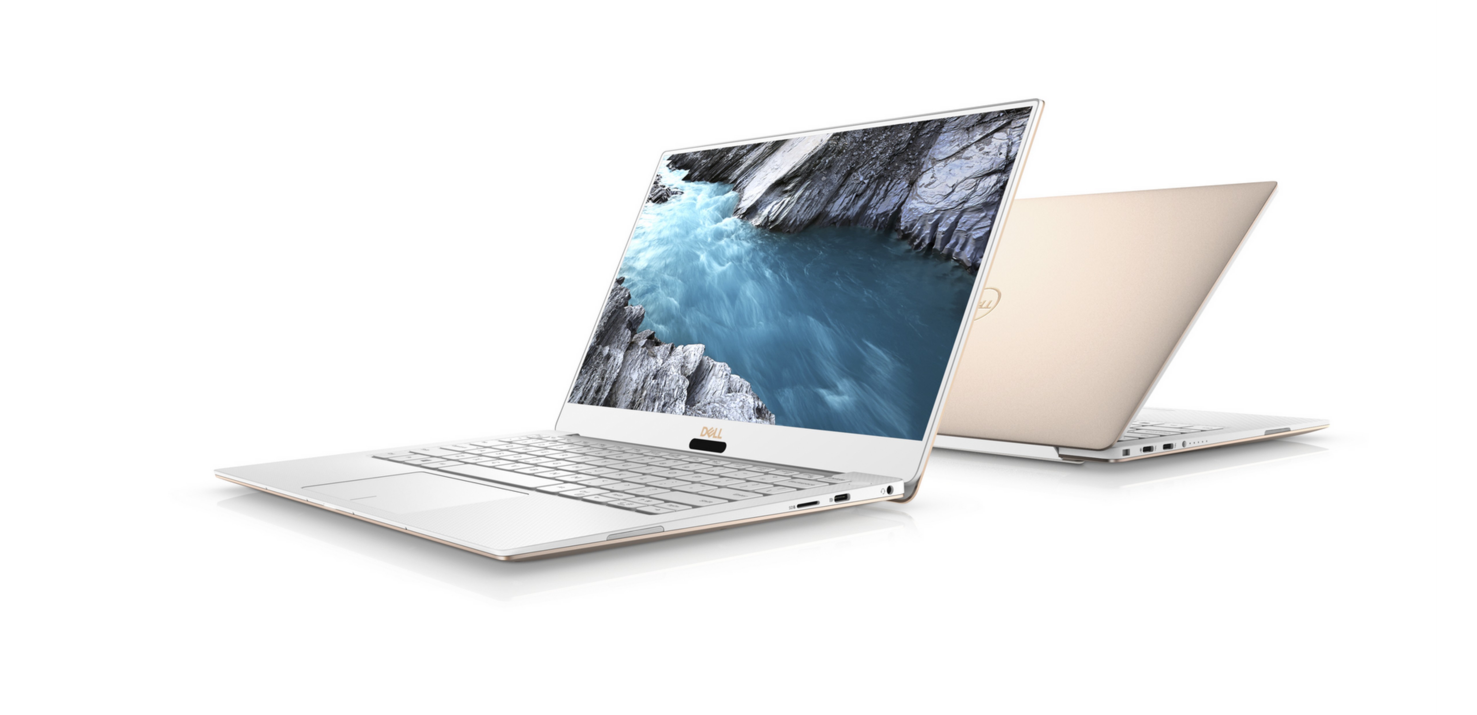 Product shot of two Dell XPS PCs sitting back to back on a white background