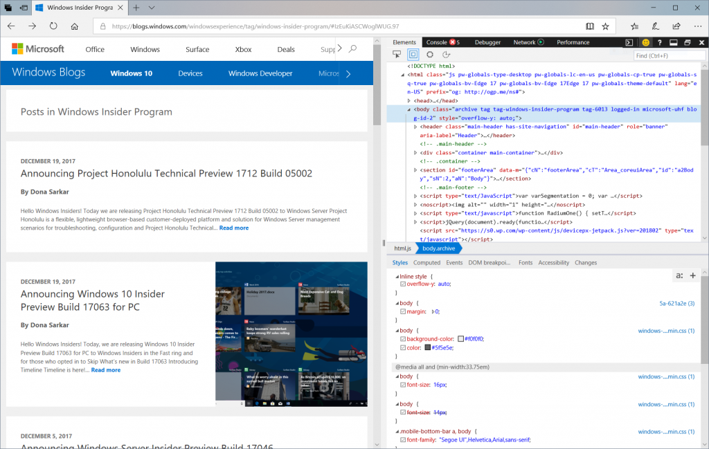 Screen Capture showing the Microsoft Edge DevTools docked to the right of a web page.