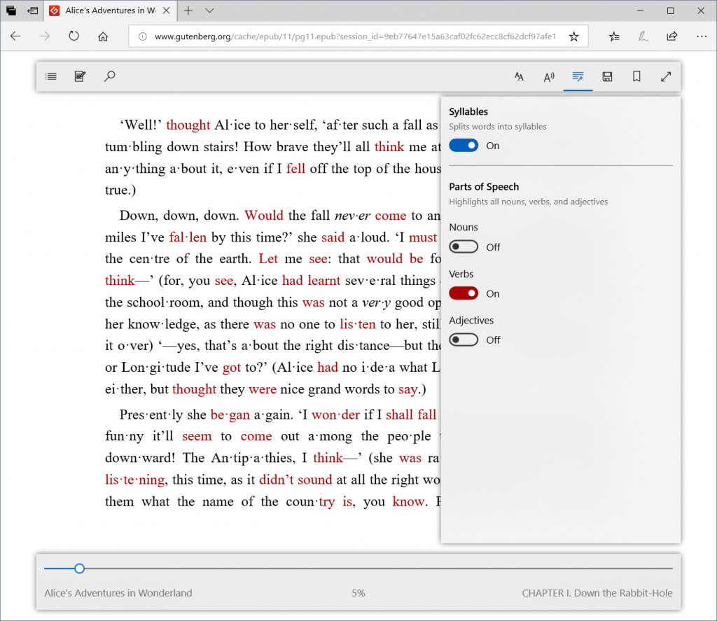 Screen capture showing the an EPUB book in Microsoft Edge. The Grammar Tools pane is open with “Split words into syllables” and “Highlight all Verbs” turned to “On.” In the background a page from Alice’s Adventures in Wonderland shows with words split into syllables and verbs highlighted in red.