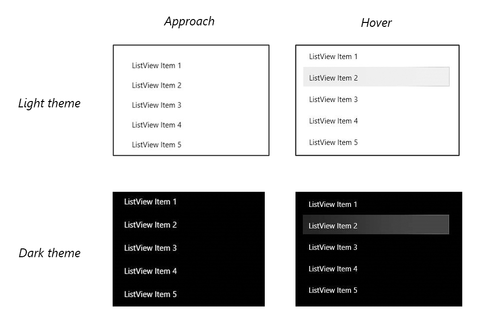 Comparing approach and hover for dark and light theme as described in the above changes blurb.