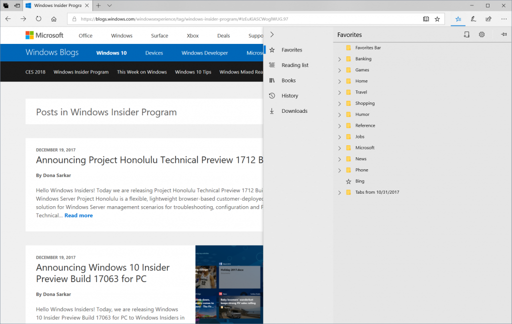 Screen capture showing the new Hub opened in Microsoft Edge, with the Navigation pane expanded to show Favorites, Reading List, Books, History, and Downloads.
